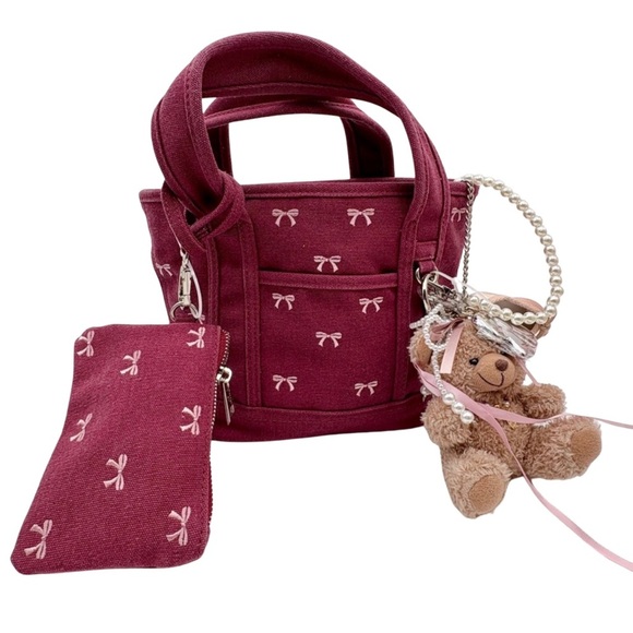 Madden Girl Mini Tote Set โ Bow Embroidery, Bear Charm & Pouch | Gift Ready - Picture 1 of 9